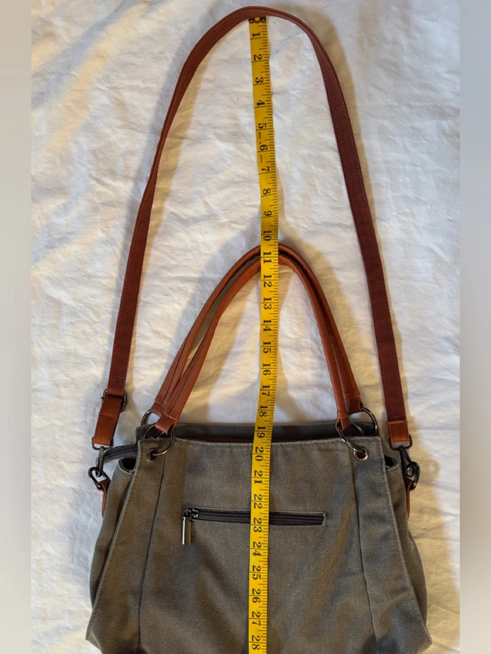 Gray Canvas Convertible Tote Crossbody Bag Multi Pocket Brown Strap